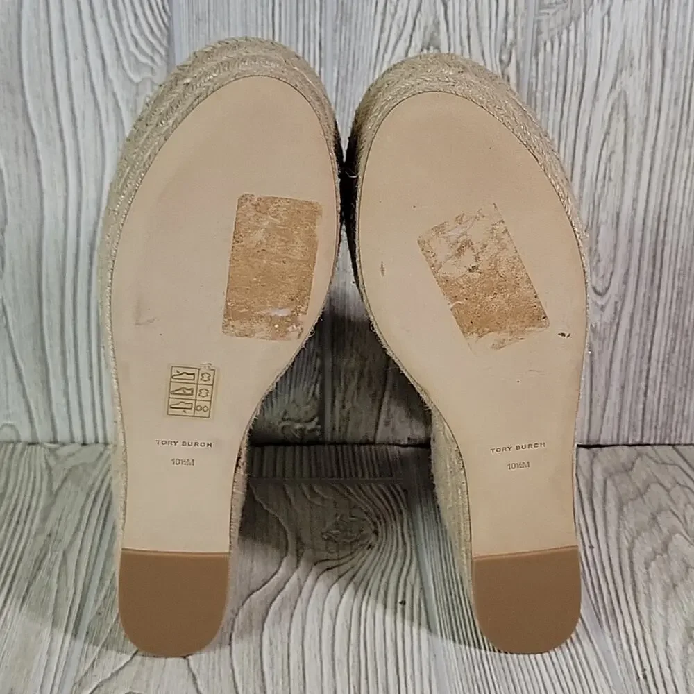 Tory Burch Basketweave Espadrille Wedge Leather Sandals Womens 10.5 NEW